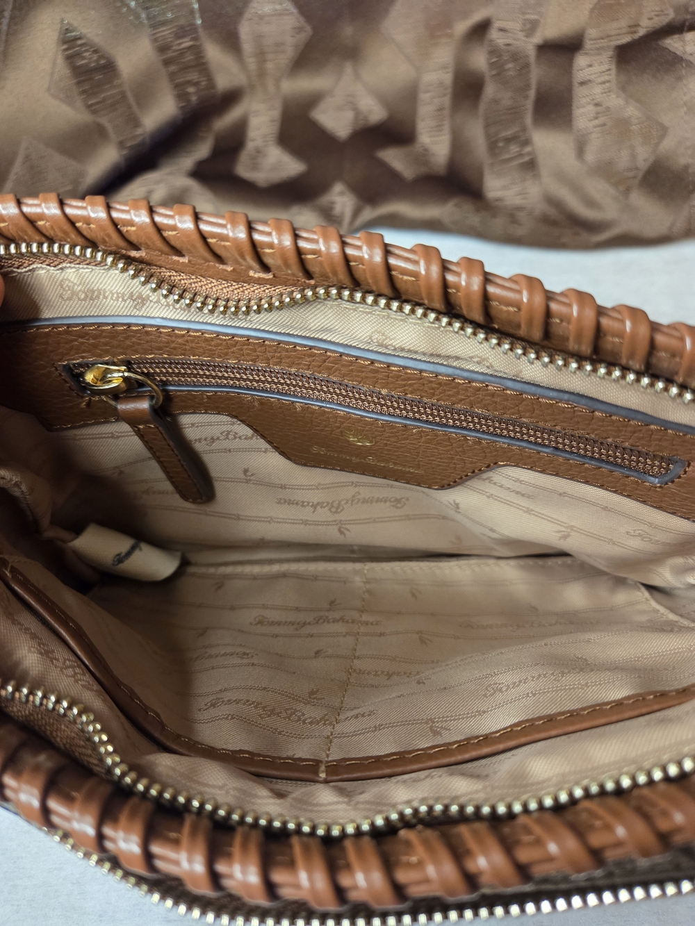 Tommy Bahama Patchwork Leather Crossbody Bag in Brown and Metallic Bronze - Picture 6 of 9